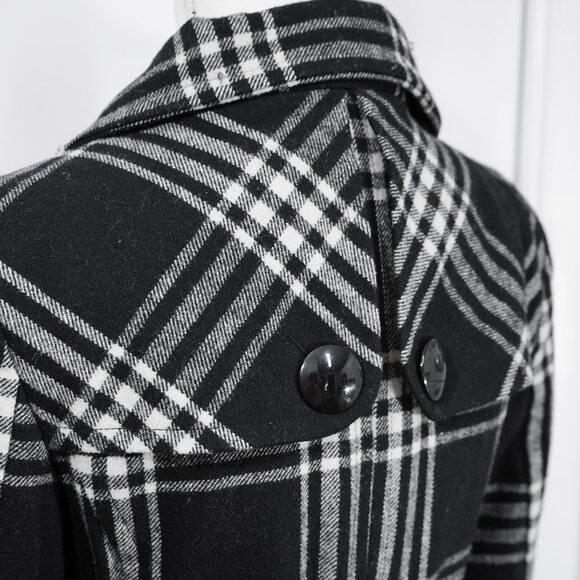 Express Coat Goth Plaid Black Wool Blend Funnel Neck Academia Pea Coat Mod Retro - Picture 10 of 12